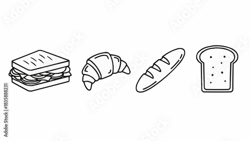 Assortment of Bread and Sandwich Line Art Illustration.