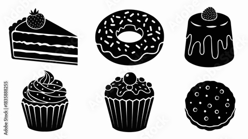 Collection of six delicious black and white dessert illustrations including cake donut and cupcakes.