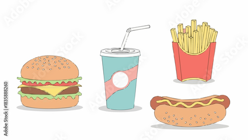 Classic Fast Food Combo - Burger, Fries, Hot Dog, and Soda.