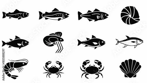 Collection of Seafood Icons - Fish, Shrimp, Crabs, and Shells.