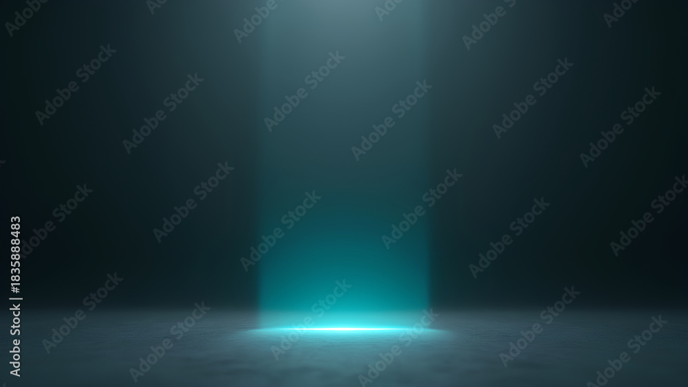 Obraz premium Teal Light Column On Dark Futuristic Studio Floor