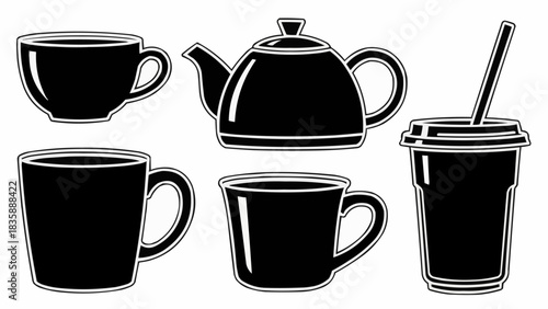 Monochrome set of tea and coffee drinkware vector graphics.