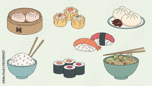 Assortment of Asian Cuisine Dishes Illustration.