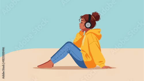 Young Woman Relaxing Listening to Music Outdoors.