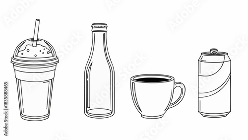 Hand-drawn sketch of various beverages including a smoothie, bottle, coffee cup, and soda can.