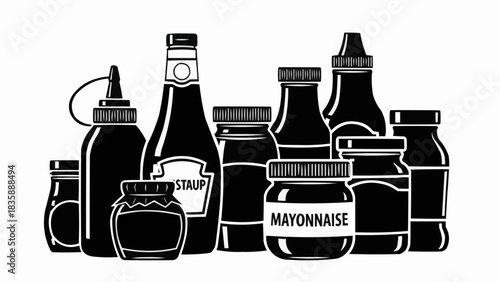Assorted kitchen sauces and dressings in black vector illustration.