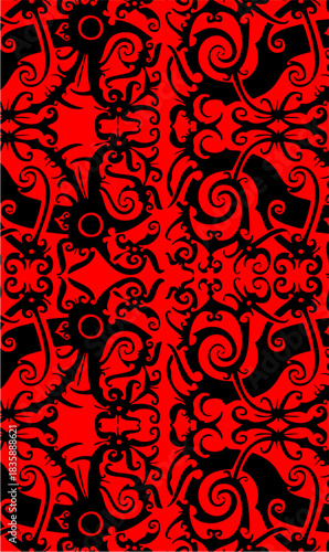 POLA BERSIFAT TRIBAL DAN ORGANIK, TERDIRI DARI BENTUK-BENTUK MELENGKUNG, SPIRAL, DAN SULUR YANG SALING TERHUBUNG