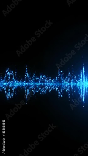 Seamless loop of glowing blue digital sound waves pulsating rhythmically across a dark abstract background like an electromagnetic field high tech, expanding, visualization