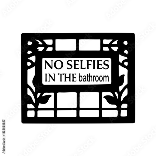 Humorous bathroom reminder with ornate frame declaring 'No Selfies in the bathroom'
