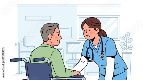 Smiling doctor looking at a patient on a wheelchair