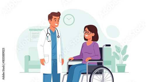 Smiling doctor looking at a patient on a wheelchair