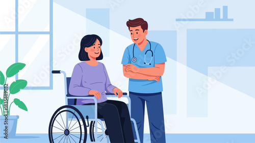 Smiling doctor looking at a patient on a wheelchair