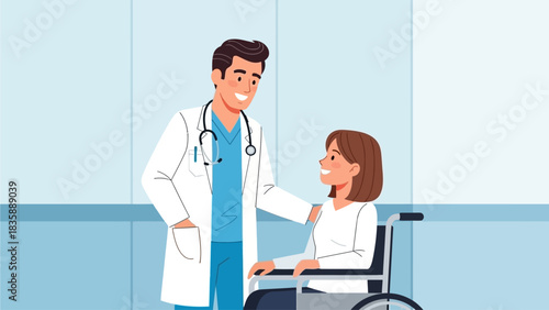 Smiling doctor looking at a patient on a wheelchair