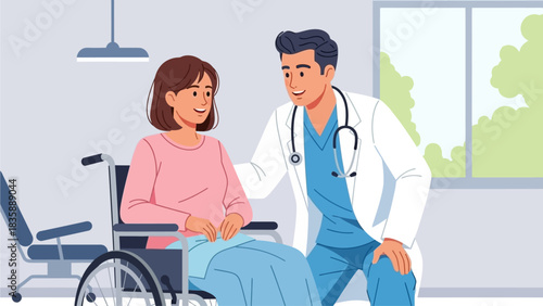 Smiling doctor looking at a patient on a wheelchair