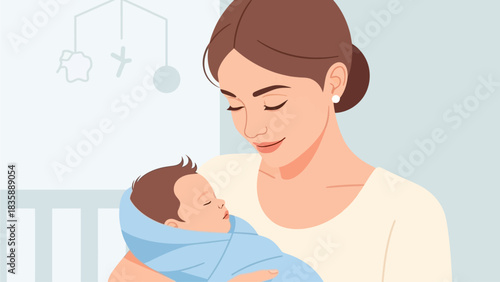Parenting and new life concept. Mother holding newborn baby boy in her arms.. Flat vector illustration