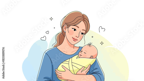 Parenting and new life concept. Mother holding newborn baby boy in her arms.. Flat vector illustration