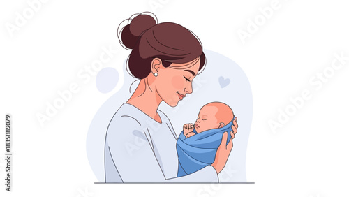 Parenting and new life concept. Mother holding newborn baby boy in her arms.. Flat vector illustration
