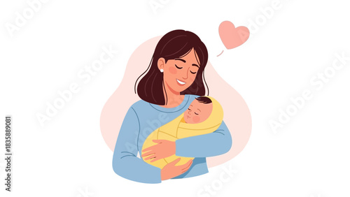 Parenting and new life concept. Mother holding newborn baby boy in her arms.. Flat vector illustration