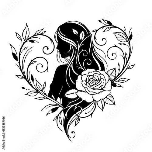 Silhouette of a woman with long hair and a rose in a heart-shaped floral frame