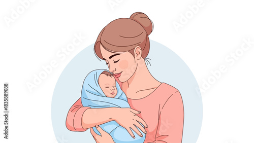 Parenting and new life concept. Mother holding newborn baby boy in her arms.. Flat vector illustration