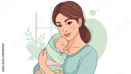 Parenting and new life concept. Mother holding newborn baby boy in her arms.. Flat vector illustration