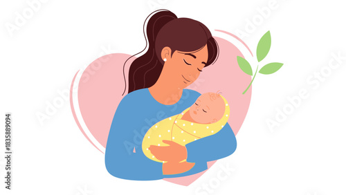Parenting and new life concept. Mother holding newborn baby boy in her arms.. Flat vector illustration