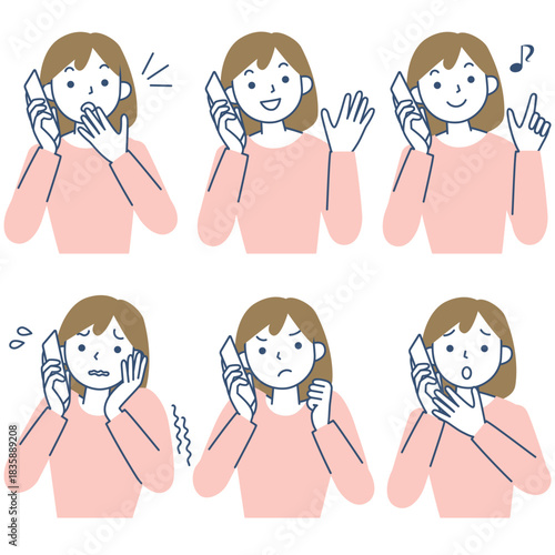 スマホで通話する若い女性の上半身セット