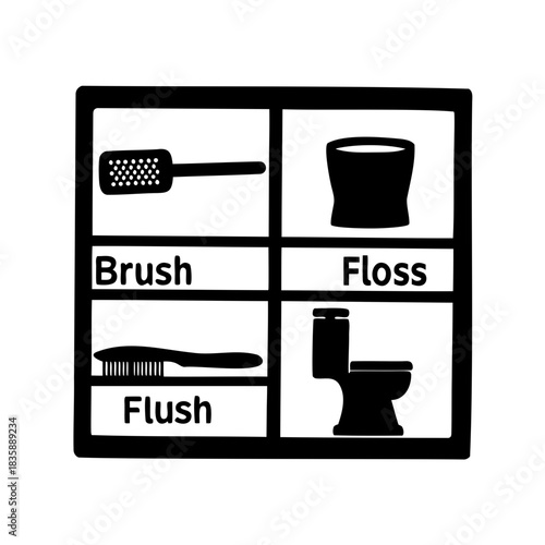 Bathroom Essentials Pictogram with Brush, Floss, Flush, and Toilet Icons in Frame