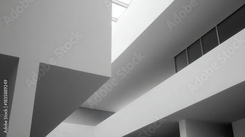 asymmetry. Minimalist white architectural space with clean geometric lines and subtle shadow interplay, real-estate listings.