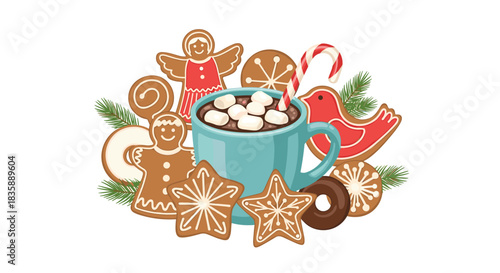Delightful hot chocolate with festive gingerbread cookies creates heartwarming holiday cheer for seasonal marketing and cozy winter promotions