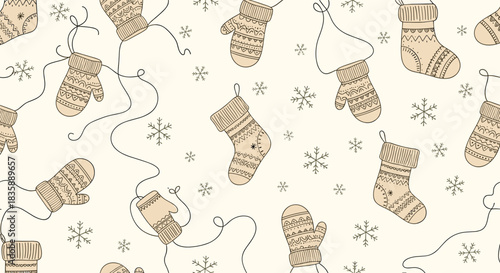 Charming winter seamless pattern with hand-drawn mittens, snowflakes, and stockings for festive holiday projects and cozy seasonal designs