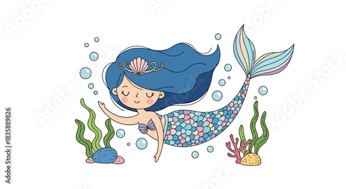 Enchanting mermaid swimming in the sea with colorful tail and coral reefs, perfect for children's books and fairytale illustrations