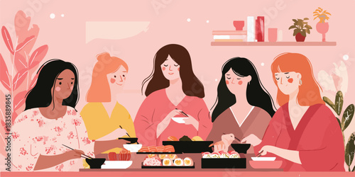 多様な女性たちが集まり、和やかな雰囲気の中で食卓を囲みながら食事を楽しむ様子を描いたベクターイラスト。