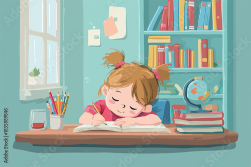 窓辺の机で一生懸命に宿題をするかわいい女の子のベクターイラスト。学習と勉強の風景。
