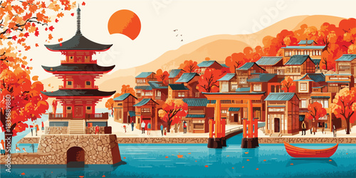 秋の紅葉に彩られた湖畔の古都、朱塗りの五重塔と鳥居が浮かぶ日本の伝統的な風景ベクターイラスト