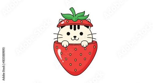 Adorable cartoon cat in a strawberry costume ready for a fun summer party or sweet birthday invitation design element for kids