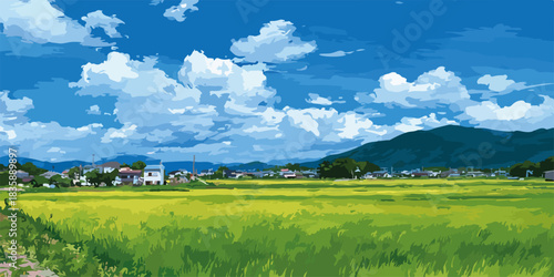 青空と積雲の下に広がる稲穂畑と遠景の山々が描かれた日本の田園風景のベクターイラスト