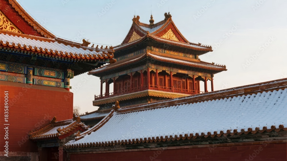 Naklejka premium Traditional Chinese palace architecture with snow-covered rooftops and ornate golden details