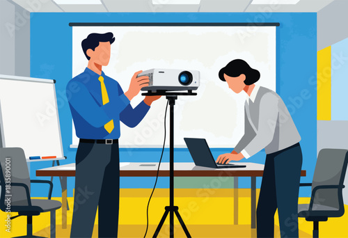 Illustration shows two people in an office. One sets up a projector, the other uses a laptop. Conference setting