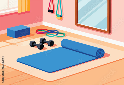 An illustration depicting a home workout space, featuring yoga mat, weights, resistance bands and mirror