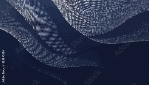 濃紺の背景に浮かぶ、ドットで構成された抽象的で波打つ幾何学的な線状のパターンが表現されたベクター背景画像。