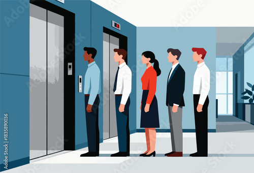 Illustration of people in business attire waiting in line for an elevator, in a modern, minimalistic office setting