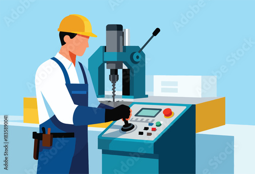 An industrial worker in a hard hat operates a large machine, seemingly drilling with precision