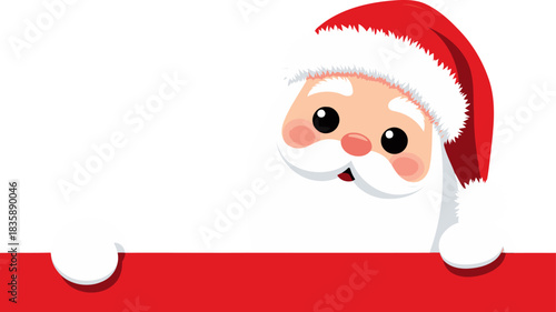 A cheerful santa claus peeking over a red banner with space for text festive greeting card design element