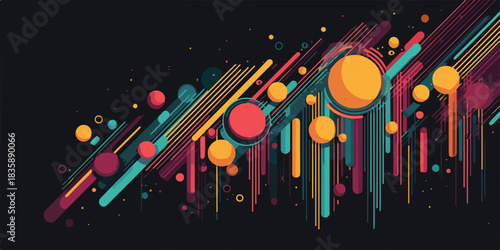 黒背景にカラフルな円と線がダイナミックに交差する抽象的なデジタルグラフィックデザインのベクターイラスト