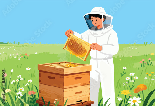 A beekeeper, clad in white protective gear, examines a honeycomb dripping with honey. Flowers bloom around the hive