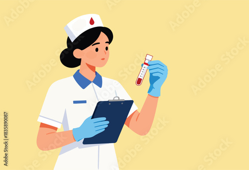 A female medical professional in white uniform and cap, holding a clipboard and blood vial on yellow background