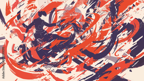 情熱的な赤と青の筆致が舞う中で、ダイナミックに踊る女性のシルエットを描いた抽象的なベクターイラスト。