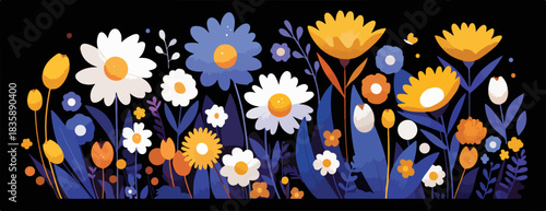 ベクターイラストレーションで表現された、白、黄色、青の鮮やかな花々が咲き誇る、幻想的で美しい春の庭園の風景デザイン。