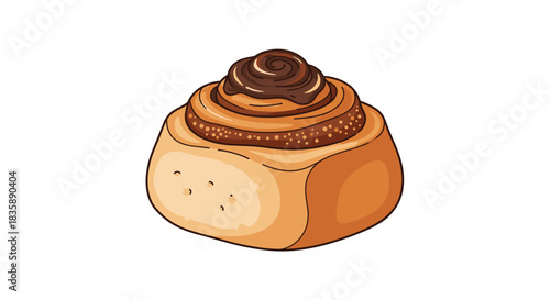 A delicious-looking, freshly baked cinnamon roll with a sweet, swirled cinnamon and sugar glaze topping, isolated on a white background.